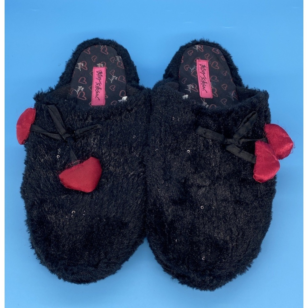 Betsey Johnson Black Sequins Heart Slippers Size L 9/10‎ Whimsical